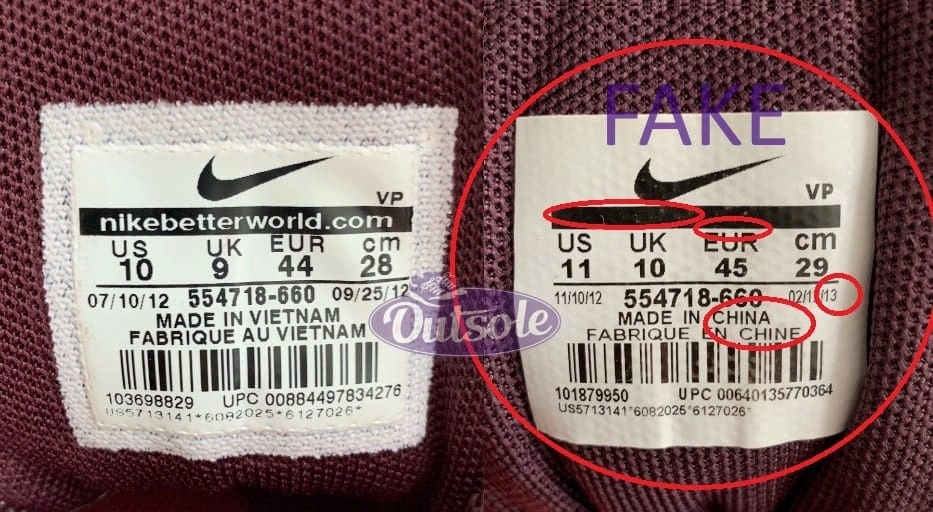 Size label differences fake authentic Nike Air Max 1 EM Burgundy